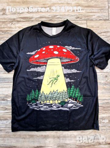 Черна Лятна Мъжка Тениска Къс Ръкав с Арт Принт UFO Летяща Гъбена Чиния , снимка 5 - Тениски - 46407584