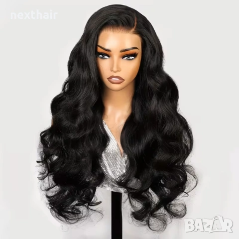 Черна синтетична чуплива перука 75 см с дантелена зона 13x4