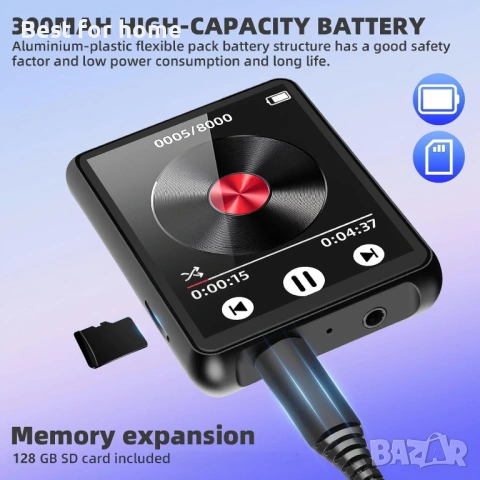 Cetoon 128GB MP3 плейър с Bluetooth, преносим цифров музикален плейър, черен, снимка 2 - MP3 и MP4 плеъри - 53664152