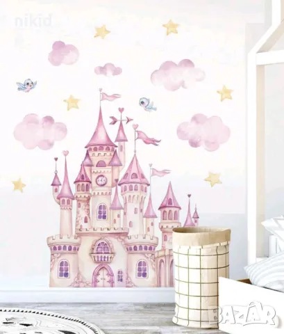 Розов замък дворец палат самозалепващ стикер лепенка за стена детска