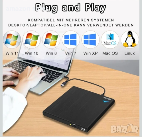 NOLYTH Blu-ray/DVD/CD външно устройство за лаптоп Mac PC Windows MacBook четене/запис Plug and play, снимка 3 - Лаптоп аксесоари - 54166157