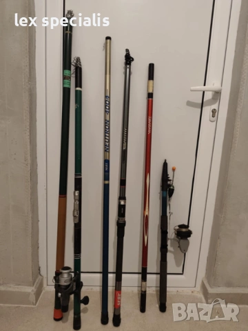 Риболовен комплект от 8 части: Маркови въдици Daiwa и Sert + макари Shimano и Caperlan
