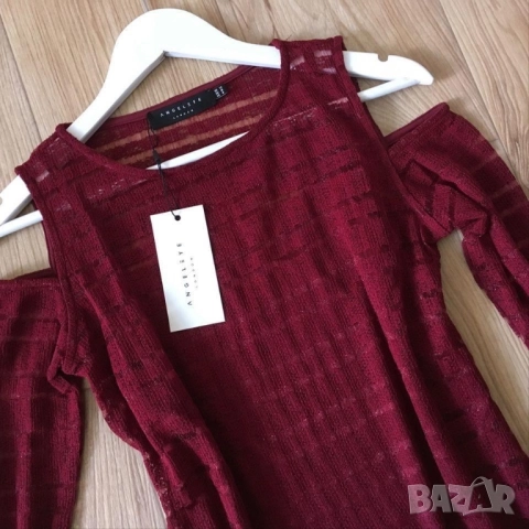 Разпродажба спешно! Рокля с дълъг ръкав бордо и бяла еластични, снимка 2 - Рокли - 52840994