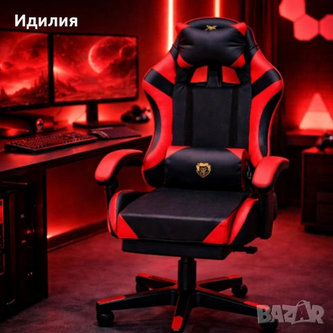 Удобен геймърски стол с поставка за крака и масажна лумбална възглавница, Черно-червен, снимка 3 - Столове - 53474394
