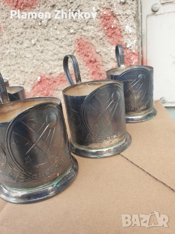 Шест броя дебело посребрени подстаканици - СССР на тема Спутник, снимка 3 - Чаши - 53427935