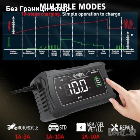 Ново Смарт зарядно 10A 12V/24V ремонт режим дисплей за акумулатори кола, снимка 4 - Друга електроника - 53685862