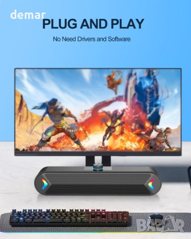 LENRUE 10W стерео компютърен саундбар с цветни светлини, 1,2 метра кабел, (черен-Aux), снимка 3 - Други - 54226868