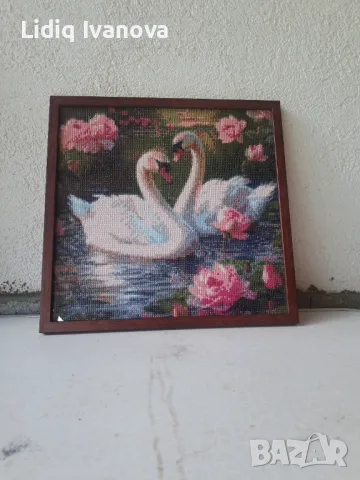 Диаманген гоблен лебеди-готов и рамкиран, снимка 2 - Гоблени - 50273768