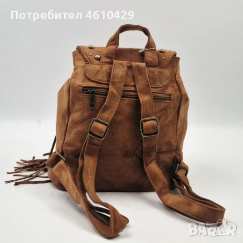 Велурена дамска раница с ресни и метални нитове – бохо стил и практичност, снимка 5 - Раници - 52696653