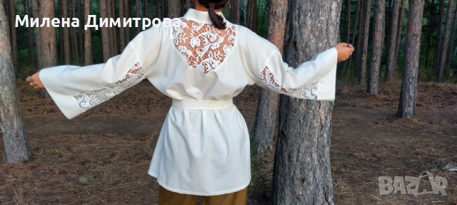 Ленено кимоно / Кимоно от американ и дантела ръчна изработка , снимка 18 - Сака - 48845116