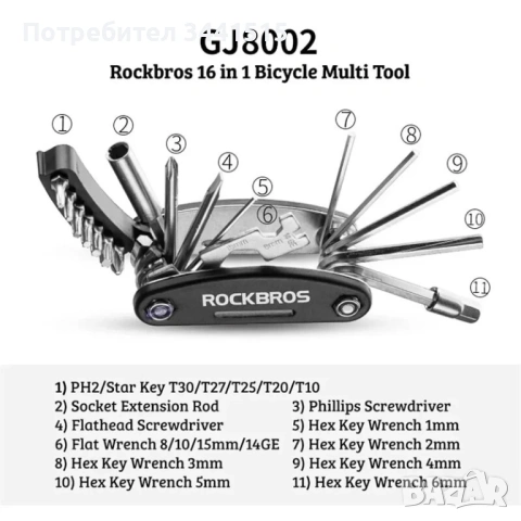 ROCKBROS 16 в 1 Мултиинструмент за велосипед GJ8002 | Bike Multitool | Шестограми Torx Отвертки , снимка 6 - Части за велосипеди - 54131347