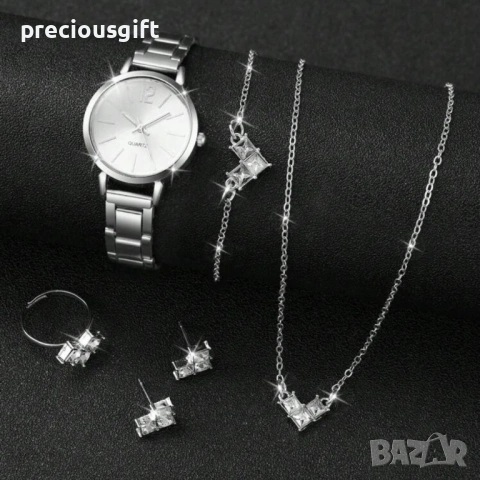 Дамски комплект от 5 части - часовник, гердан, гривна, пръстен и обеци, снимка 2 - Дамски - 54139236