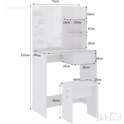 ПРОМОЦИЯ Тоалетка с вградено огледало и тоалетка в бяло 10CXWLDR04WH, снимка 4 - Тоалетки - 50768014