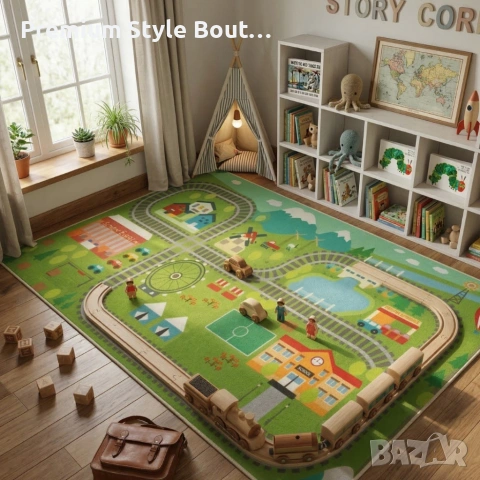 Детски килим за игра 120х160см - Яркозелен килим с влак и релси, противоплъзгащ и миещ се, снимка 3 - Други - 53922165