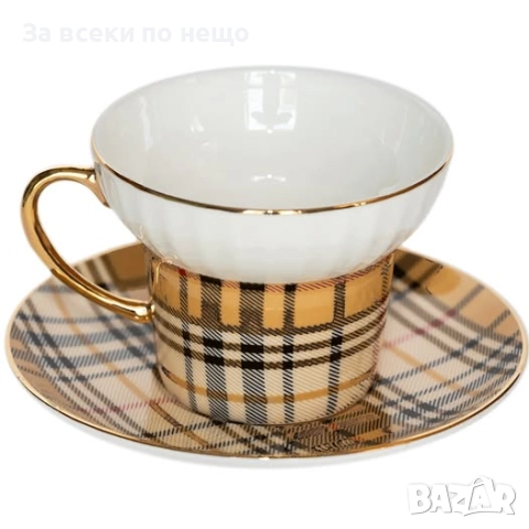 Луксозен комплект чаша с чинийка в класически каре десен Код P1320