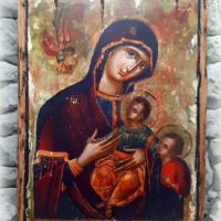 икона Богородица с децата Исус и Йоан Предтеча 38/23 см УНИКАТ, декупаж, снимка 10 - Икони - 45510954