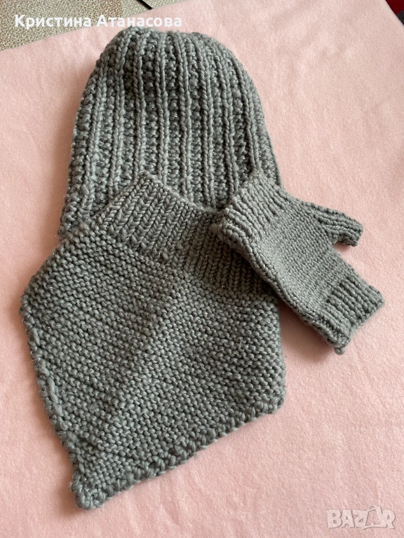 Сив ръчно плетен комплект: шапка, шал и ръкавици, снимка 1