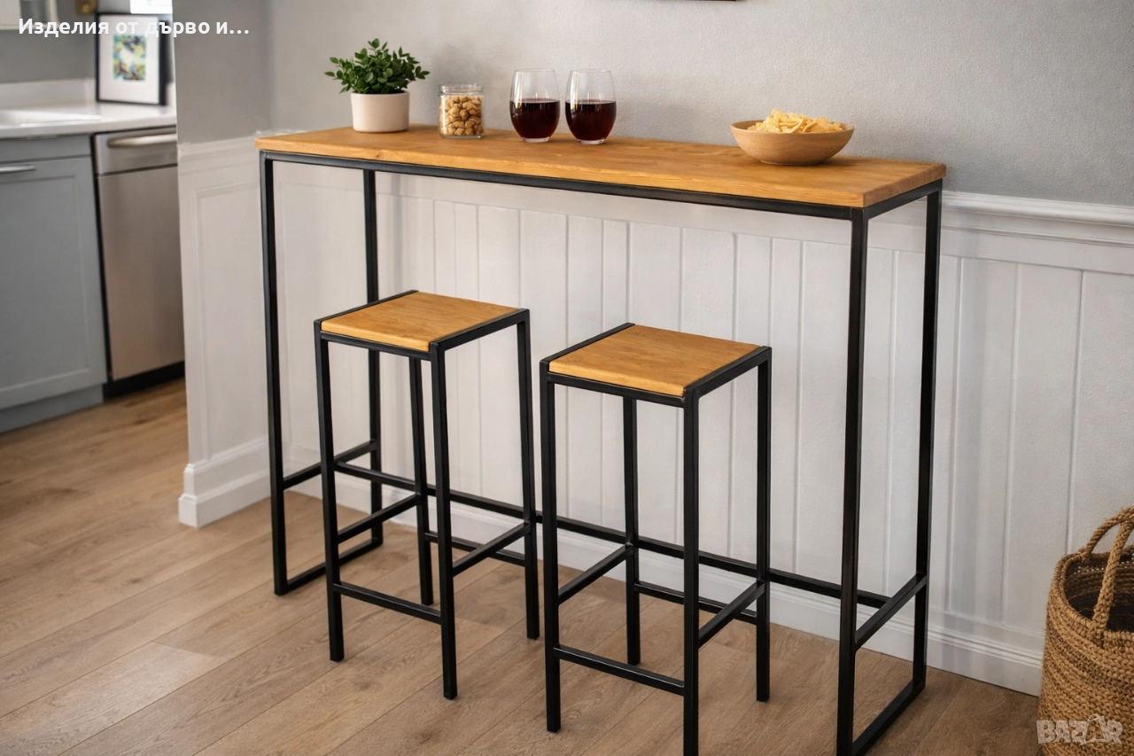 Бар маса с два стола метал и масив дърво стилна и здрава , снимка 1