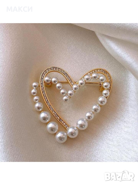 Златиста красива елегантна брошка с перли и кристали, снимка 1
