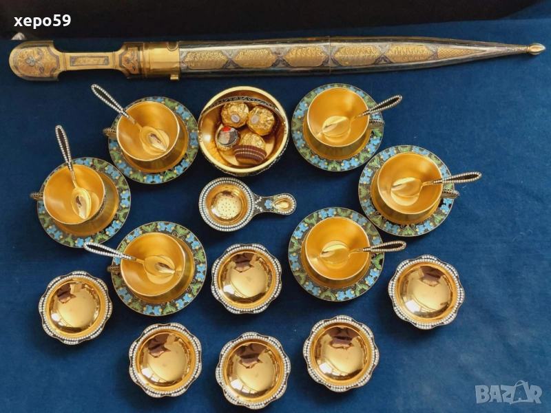 СССР-сребро 916-сребърни чаши с емайл позлата,сребърен сервиз, сребро,злато, снимка 1