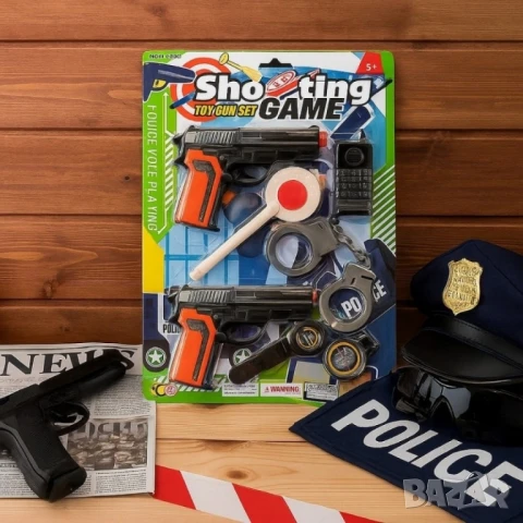 Детски полицейски комплект с 2 играчки и аксесоари – пълен арсенал за малки герои