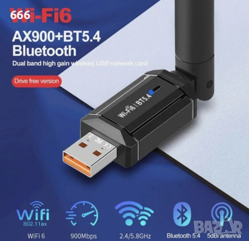 900Mbps WiFi безжична мрежова карта WiFi 6 Bluetooth 5.4 USB адаптер двубандов, снимка 8 - Друга електроника - 53621585
