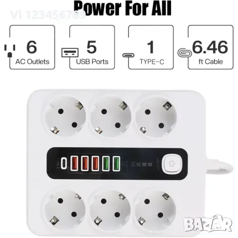 Разклонител 6 контакта, 5 USB+1 C конектор, 220V, 3000W, 10A,, снимка 2 - Други стоки за дома - 49304406