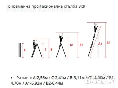 Трираменна алуминиева стълба 3х7 3х9 3х11 стъпала Арон България, снимка 3 - Други машини и части - 49857550