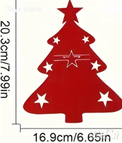 Комплект 12 калъфи за прибор, модел коледна елха, филц, червен Коледна декорация за маса, снимка 3 - Декорация за дома - 52723130