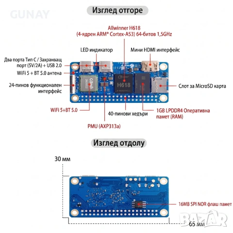 Orange Pi Zero 2 W 64GB/1GB RAM Мини Компютър Allwinner H618 WiFi Bluetooth Single Board PC, снимка 3 - Работни компютри - 54194038