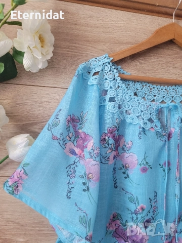 Нова синя блуза с цветя и дантела , снимка 3 - Тениски - 51863217