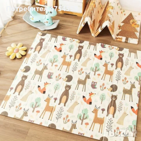 Двулицев образователен детски килим Горски животни 180 х 200 см - водоустойчив, сгъваем