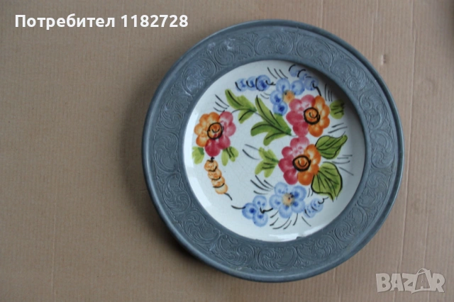 Ръчно рисуван порцелан  + ZINN  /калай /, снимка 3 - Антикварни и старинни предмети - 53995048