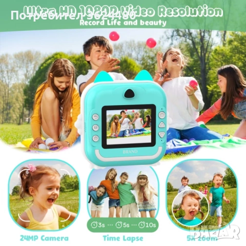 Зелен Детски Фотоапарат с Незабавен Печат 24MP и Светещи Уши 4694, снимка 6 - Други - 52632666