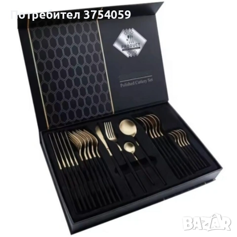Комплект прибори за хранене от 24 части с луксозен дизайн и магнитна кутия в златисто и черно, снимка 7 - Прибори за хранене, готвене и сервиране - 53208586