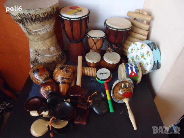 тарамбука, маракас , кастанети, там-там барабанче с топче,барабан-език ,ксилофон,гуиро