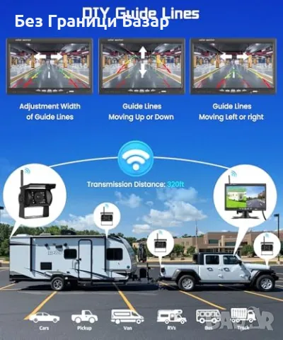 Нова Безжична камера за заден ход 7" IPS монитор 4 камери HD нощно виждане, снимка 3 - Друга електроника - 49579577