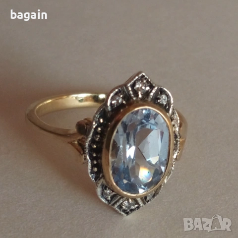 Сребърен пръстен с аквамарин и позлата., снимка 3 - Пръстени - 53138151