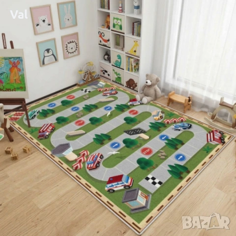 Детски килим за игра 120х160см - Тъмнозелен килим с автописта, противоплъзгащ и миещ се, снимка 6 - Килими - 53932474
