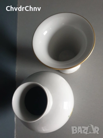 Meissen вази 14-17см/чиния 29см/стара Майсен порцеланова ваза-плато/бяла-цветя-злато, снимка 3 - Вази - 52463835