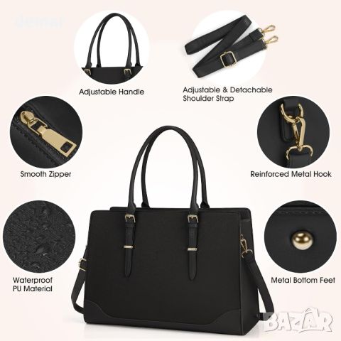 Дамска чанта за лаптоп IGOLUMON 15,6-инчова, бизнес, училище, кожена, черна, снимка 3 - Чанти - 45095189