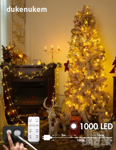 100м LED гирляндa с 1000 лампички, топло бяло, 8 режима, дистанционно, таймер, IP65, снимка 3 - Външни лампи - 52721968