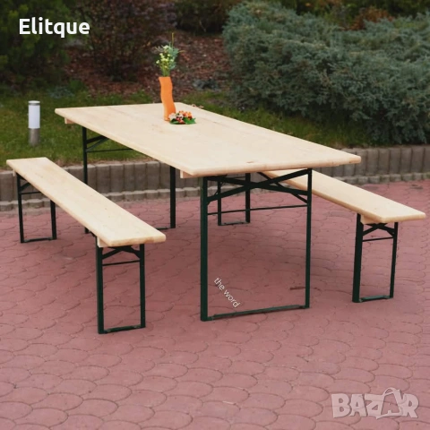 Сгъваем комплект градинска маса с 2 пейки - От чамово дърво, с отвор за чадър, снимка 5 - Други стоки за дома - 53501739