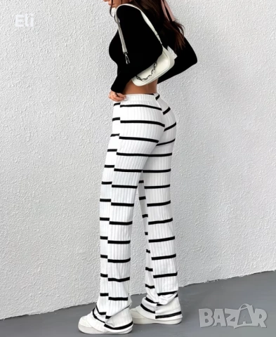 Модерни дамски прави панталони с райе и color-block дизайн, снимка 2 - Панталони - 53627313