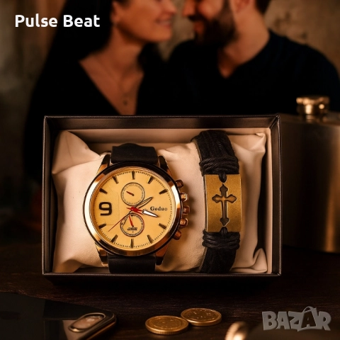Мъжки комплект Geduo – елегантен часовник със златист циферблат и кожена гривна в подаръчна кутия, снимка 3 - Мъжки - 52045225