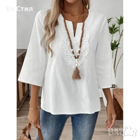 Бяла памучна блуза с дантела и седем осми ръкави, снимка 5 - Тениски - 53915510