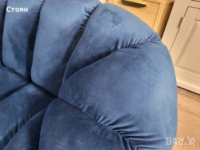 Син диван тройка от плат кадифе, снимка 6 - Дивани и мека мебел - 53716558