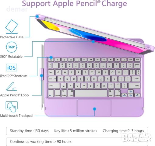 Калъф с клавиатура/тъчпад GAOJIE iPad 10-то поколение 2023/2022-лилав, снимка 4 - Таблети - 45220999