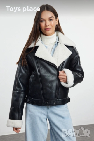 Ново модерно кожено яке с пухкава яка и ръкави, снимка 3 - Якета - 51318167