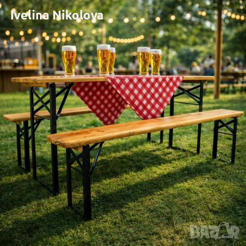 Сгъваем комплект градинска маса с 2 пейки - От чамово дърво, с отвор за чадър